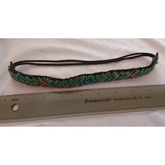 Beaded Turquoise & Gold Headband With Geometric Pattern - Picture 2 of 3